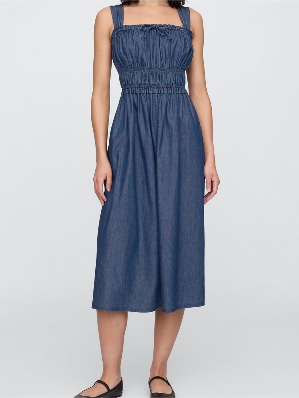 Gap Denim Milkmaid Cotton Western Smocked Tie Front Midi Casual Dress, Size XL